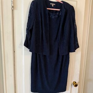 Maya Brooke Navy Blue Textured Dress & Jacket Set Women 16W Sequin Lace Formal